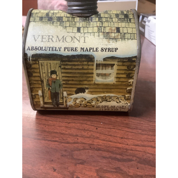Vintage 1984 Vermont Maple Syrup Log Cabin Metal Empty Tin Container - Picture 2 of 7